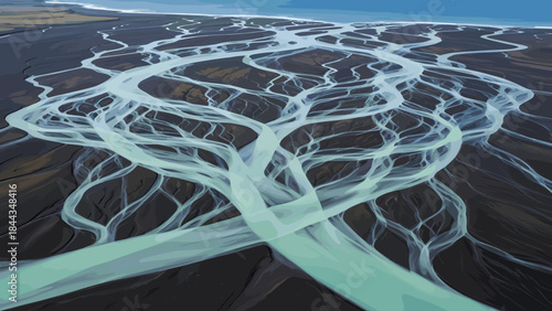 A breathtaking aerial view of a complex braided river system with light blue glacial meltwater channels flowing through dark, vast terrain.