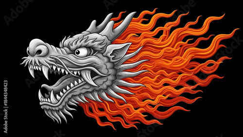 Fiery Dragon Head Illustration: A stylized illustration of a powerful dragon head with fiery mane, exuding strength and mystique. 