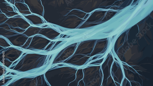 Aerial view of a complex braided river system with light blue water channels against dark ground.