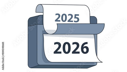 Calendar Page Turn: Conceptual depiction of a calendar transitioning from 2025 to 2026, marking a significant change in time and the anticipation of new beginnings.