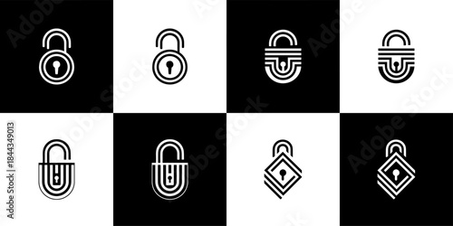 Vector Set of 4 Black and White Padlock Security Icons, Minimal Monoline Design Collection