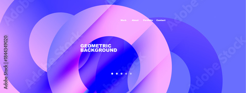 Abstract fluid shapes, purple hues dominate design. Minimalist text highlights geometric background, navigation present.