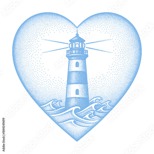 lighthouse with sea waves and light beams in a heart shape retro halftone illustration