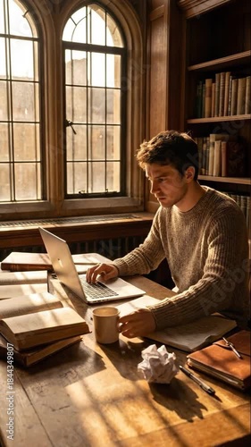 Focused student studying with a laptop at a wooden desk in a classic library. Vertical video of a young man typing and drinking coffee in warm sunlight. Education and research concept
