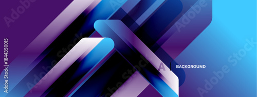 Abstract geometric shapes overlap, creating vibrant gradients. Purple, blue hues dominate design. Modern aesthetic, dynamic composition.