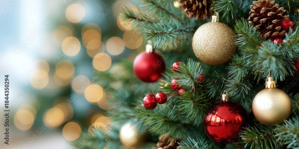 Fototapeta premium Christmas tree decorations in soft focus with lights and ornaments