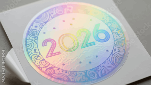 Holographic sticker with 2026 text and decorative border festive design for New Year celebration iso