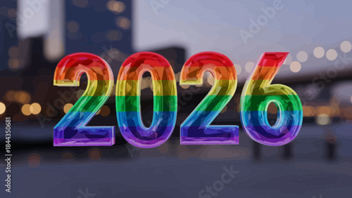 Rainbow year 2026 text pride celebration concept with blurred city lights background