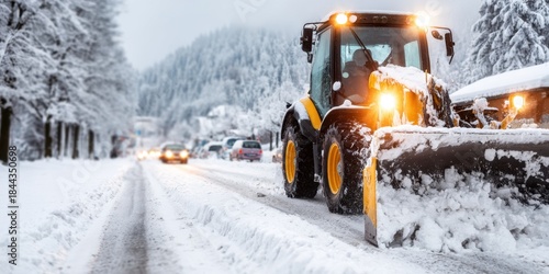 Snowplow clearing road during winter landscape