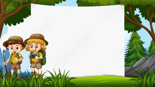 A blank banner framed by lush greenery with two young explorers