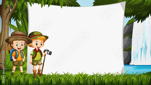 Cartoon explorers with a blank banner in a lush jungle setting