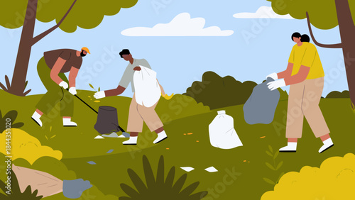 Volunteers cleaning up a park collecting trash with gloves and bags
