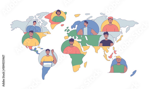 Diverse global team connecting across continents, fostering collaboration and unity in a vibrant, interconnected world for inclusive progress and growth