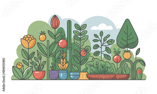 Enchanting vector garden with colorful vegetables and lush plants, perfect for adding a touch of nature to your designs and bringing fresh organic vibes