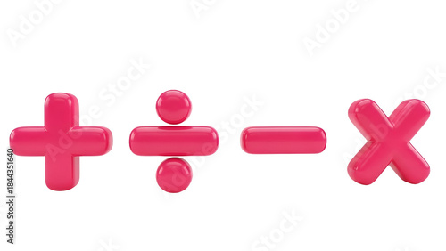 A collection of shiny pink 3d symbols for basic arithmetic operations on a black background