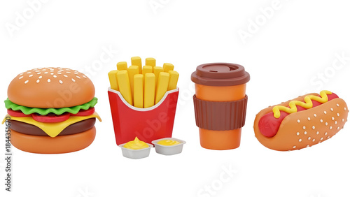 A stylized 3d render of classic fast food items: burger, fries, hot dog, and coffee