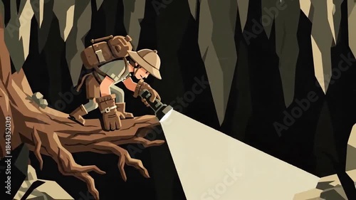Adventurer Explores A Mysterious Cave, Exploring Darkness With A Bright Flashlight