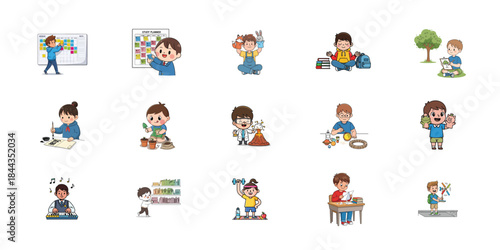 A set of 12 colorful cartoon stickers featuring a young girl in various daily life scenes and activities