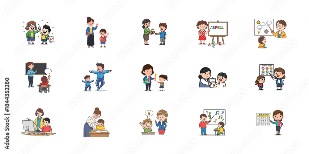 Fototapeta premium Blurry cartoon illustrations of people in various scenarios