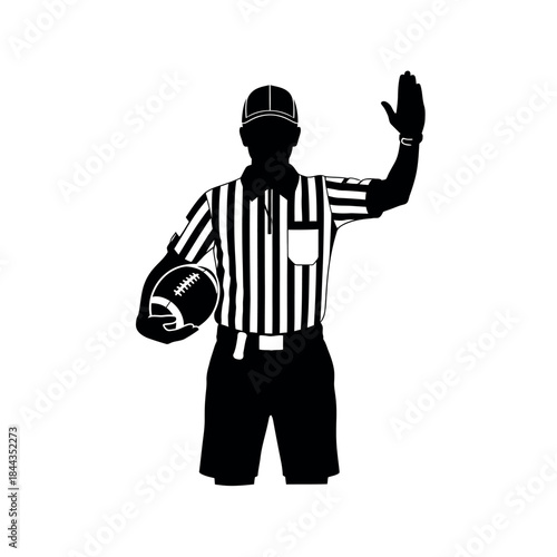 American Football Referee Silhouette with Ball and Hand Raised.