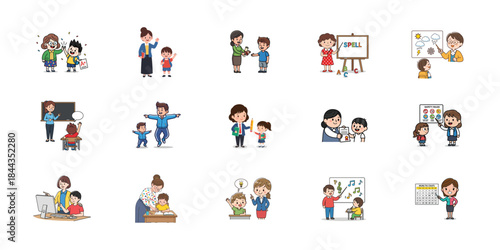 Blurry cartoon illustrations of people in various scenarios