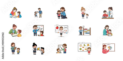 A collection of 12 cartoon illustrations of people interacting and engaging in various activities