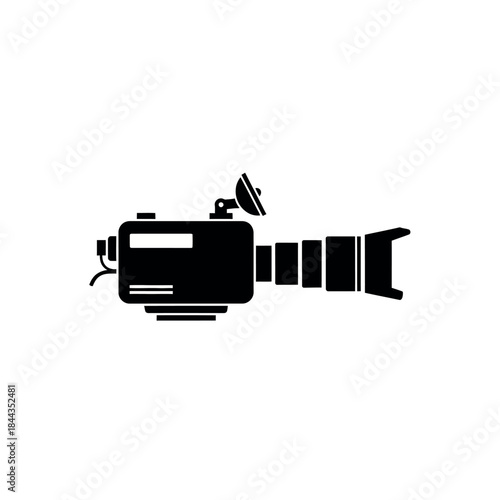 Black and white silhouette of a professional video camera with a large lens and external flash.