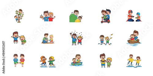 A collection of 12 illustrations of children in various playful and social scenarios