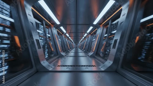 Futuristic video footage of a high-tech corridor with digital data streams, representing artificial intelligence, cybersecurity, and advanced data processing.

