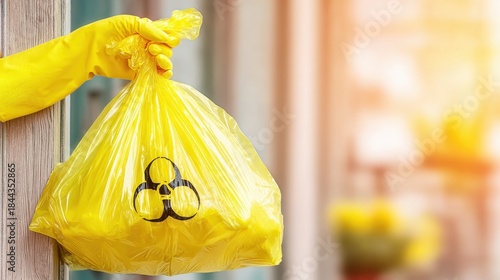 Hand holding a biohazard waste bag in the outdoors