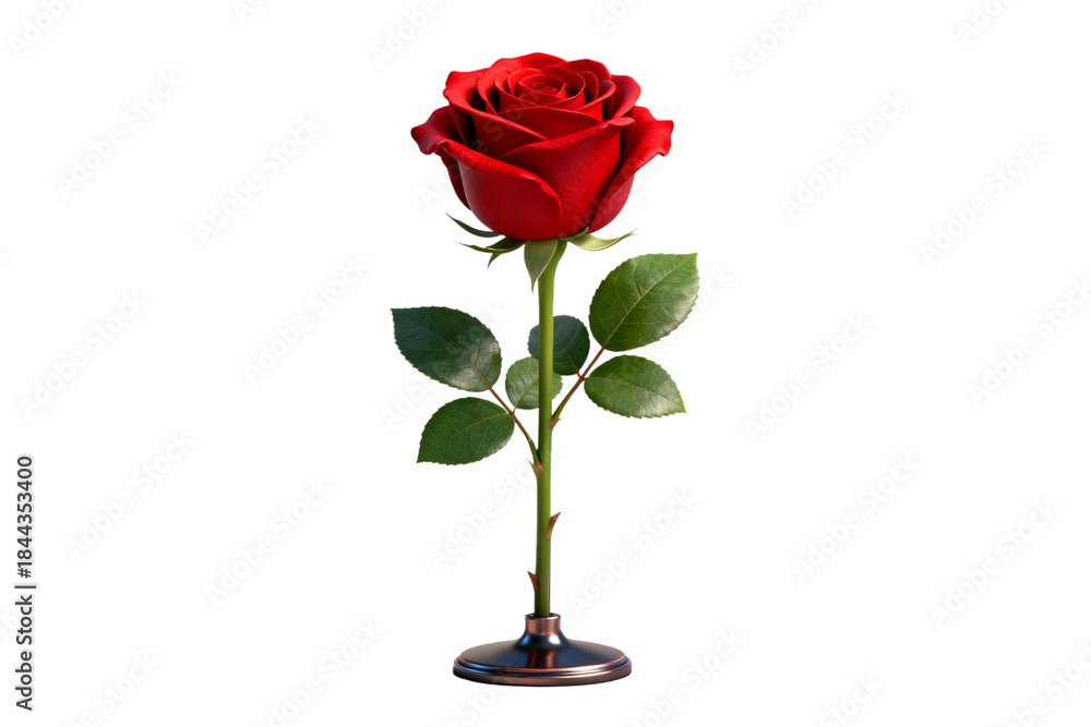Fototapeta premium Red Rose with Stem and Leaves on Black Base