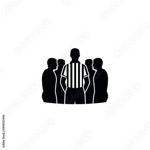 Referee and players in a huddle during a sports game.