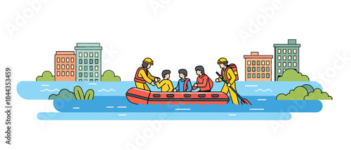 Illustration of a flood rescue operation showing people in a raft navigating a submerged city, symbolizing emergency response and community support during natural disasters