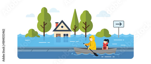 Flood Emergency Evacuation Scene with People in a Boat Rescuing a House and Trees