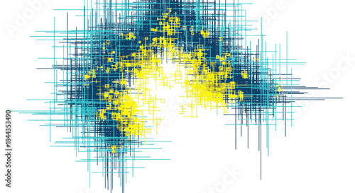 A dynamic abstract digital artwork showcases a vibrant burst of intersecting blue, teal, and yellow lines, creating an energetic modern visual on white.