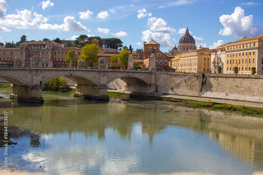 Fototapeta premium Tiber River and Ponte Vittorio Emanuele II Bridge, Rome, Italy