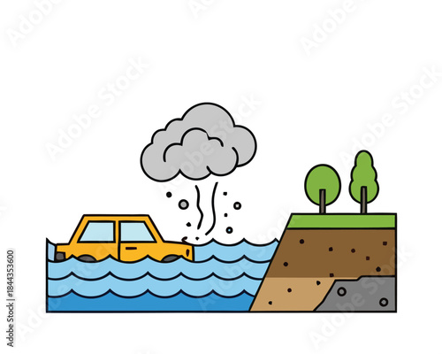 A submerged car is seen in floodwaters with debris floating, next to a raised, tree-covered landscape