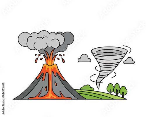 Vector illustration of natural disasters an erupting volcano with lava and ash, next to a swirling tornado, symbolizing environmental threats and raw power