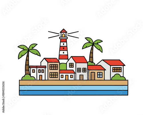 Idyllic coastal village illustration featuring a charming lighthouse, quaint houses, and tropical palm trees on a serene island by the blue sea, evoking perfect vacation dreams