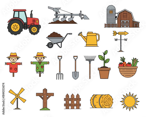 Farm scene illustration with tractor, barn, scarecrow, and farming tools
