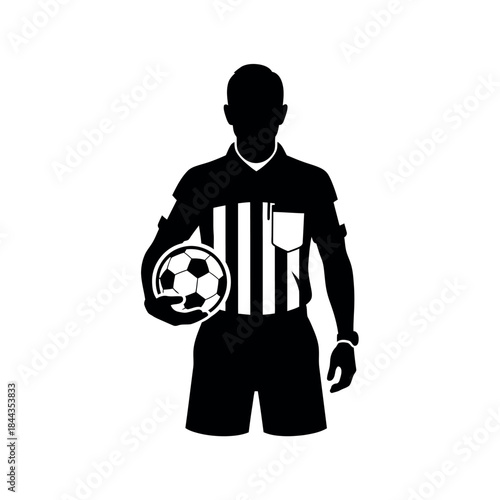 Silhouette of a soccer referee holding a ball.