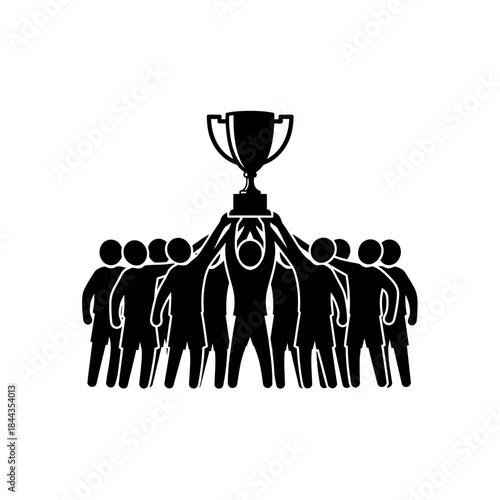 Team holding trophy together celebrating success.