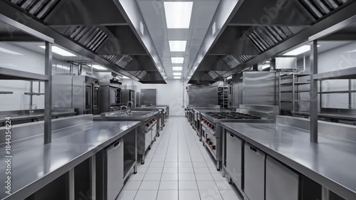 empty professional commercial kitchen with stainless steel equipment, restaurant hygiene and food industry interior
