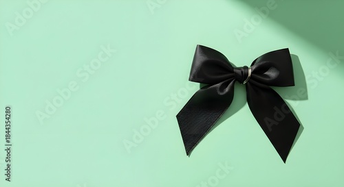 Elegant black satin ribbon bow on a light mint green background with soft shadow, copy space for design and decoration