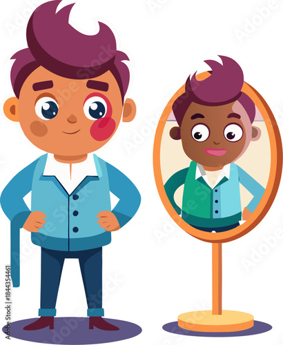 Cartoon character looking unsure in front of a mirror, then confident after makeover