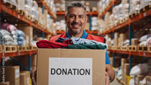 volunteer holding donation box inside charity warehouse, humanitarian aid logistics and social support concept

