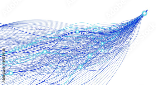 Abstract visualization of interconnected flowing blue lines and glowing nodes against a white background representing data flow.