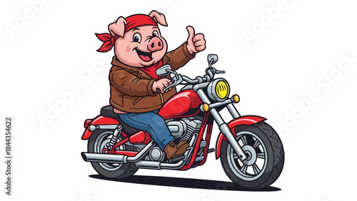 Happy Cartoon Pig Rider Giving Thumbs Up on a Cool Red Motorcycle