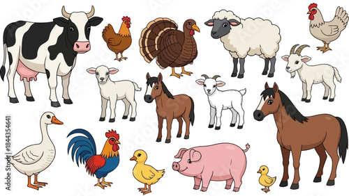 Collection of Diverse Farm Animals in a Vibrant Vector Illustration