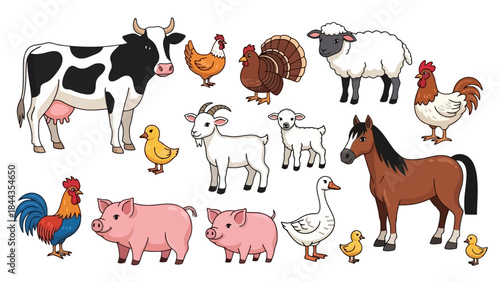 Collection of Cute Farm Animals in a Vibrant Vector Illustration Style